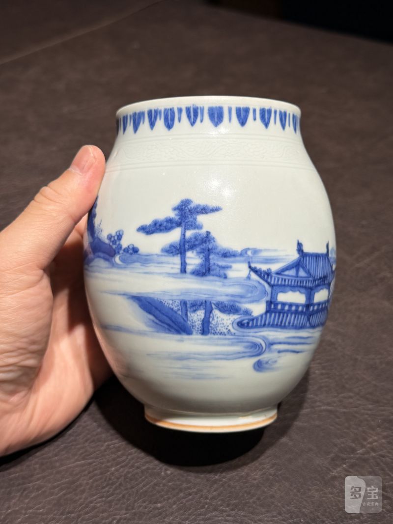 明崇祯 青花“海屋添筹”图莲子罐 - 图6